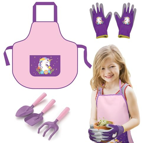 TGFIX 5tlg Gartengeräte für Kinder Gartenwerkzeuge Set Mädchen mit Einhorn Gartenschürze Gartenhandschuhe Gartenschaufel Rechen Gartenspielzeug Gartenset für Garten Strand Draußen 3-6 Jahre