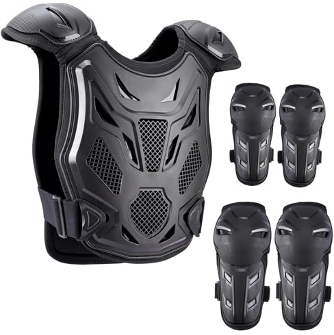 PELLOR Aggiornato Armatura Moto Per Bambini, 5 Pezzi Set Pettorina Motocross Bambino con Ginocchio/Gomiti/Torace, Paraschiena Moto Protezione Torace Ideale per Ciclismo,Sci,Equitazione,Skateboard