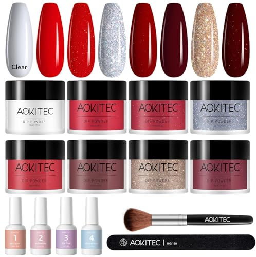 Aokitec Set di 14 smalti in polvere per unghie, 8 colori, collezione Fatal Kiss, polvere acrilica per immersione e liquido, con base e top coat, attivatore per pennelli, per french nail art, manicure,