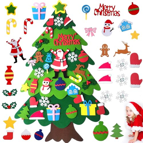 PHISGNIO Filz Weihnachtsbaum Kinder Deko mit 32pcs Abnehmbaren Hängenden Ornamenten, Filz Tannenbaum Dekoration für Home Tür Wand