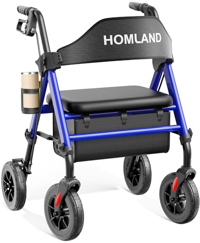 HOMLAND Walkers for Seniors with Seat, Foldable Rollator Walker, Reinforced Aluminum Frame, 8 Big Rubber Wheels for All Terrain, Height Adjustable Lightweight Rolling Walker