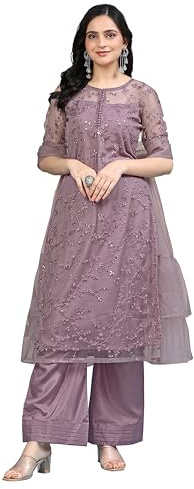 TRENDMALLS Dam nät broderi sekvens arbete Kurta Palazzo Set med Dupatta Kurta Set för kvinnor, Lila, 3XL