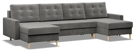 Mebligo - U-Förmige Ecksofa mit Schlaffunktion und Bettkasten BLANK, Couch U Form 294x88x140 cm, Klappsofa mit Schlaffunktion, Wohnzimmer Eckcouch mit Bettfunktion - Ecksofa Hellgrau