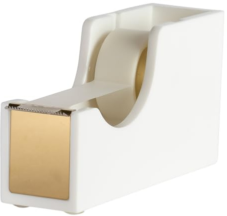 BLU MONACO White and Gold Tape Dispenser | Acrylic Desktop Tape Cutter with Smooth Blade & Weighted Non-Slip Base | Fits Standard & Large Rolls | Cute Desk Accessory for Office & Home