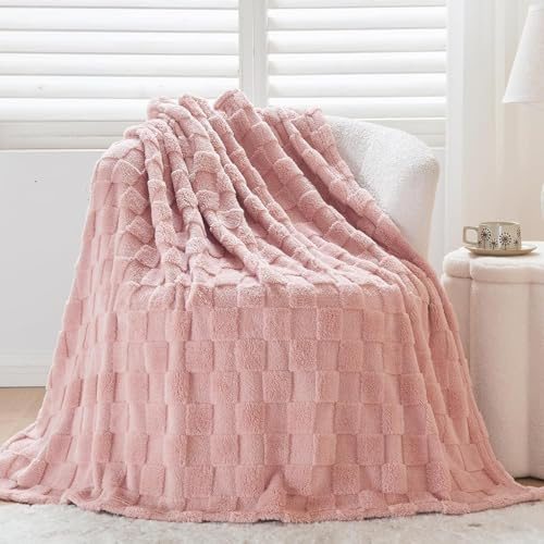 Wajade Manta de forro polar, manta de piel sintética esponjosa para cama, sofá, manta gruesa y cálida, suave, acogedora, color rosa a cuadros, 127 x 178 pulgadas