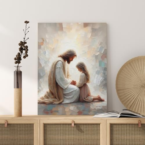 Gerahmte Jesus Christliche religiöse Leinwand-Wandkunst, Jesus und Mädchen betendes Gemälde, Wanddekoration, christliche Bibelgeschichte, Poster für Kirche, Gebetszimmer, Wohnzimmer, Heimdekoration