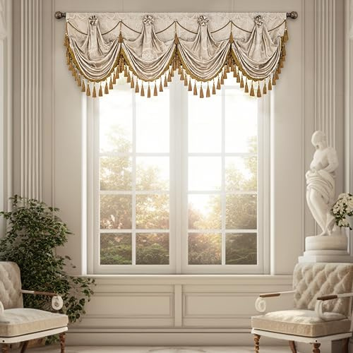 TOPLUXE Rideaux Cantonnière Cascade pour Fenêtres, Cantonnière Damassée à Franges, Rideaux Courts pour Chambre Salon Cuisine (Largeur 200cm, Sable)