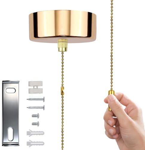 EasyByMall Pull Cord Light Switch Bathroom, Bathroom Pull Cord Ceiling Switch with Chrome Cylindrical Handle, 150Cm Chain Kit for Utility Room Chandeliers Accessories(Gold)