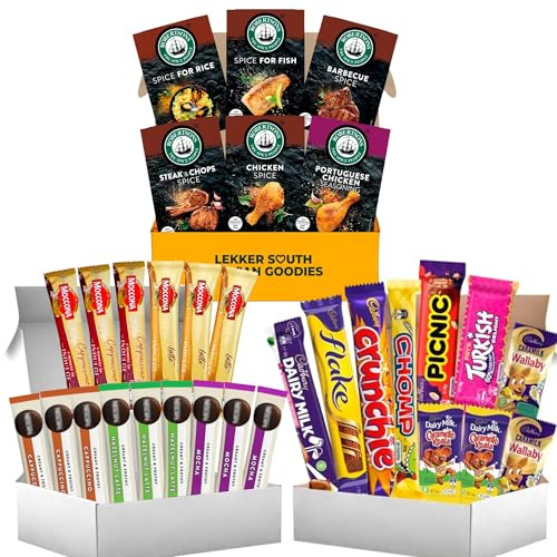 Cadbury Chocolate Box, Instant Coffee Packets & South African Spice Set – A Gourmet Combination of Sweet Treats, Premium Coffee, and Bold BBQ Flavors – 31-Piece Gift Set