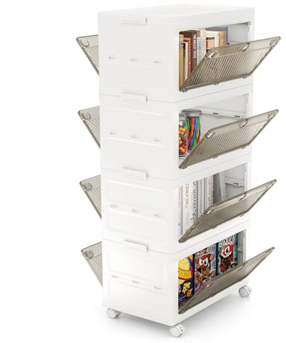 COSTWAY 168 L Aufbewahrungsbox mit Deckel, 4er Set Stapelboxen faltbar, Aufbewahrungsbehälter mit Zweiweg-Türen & Rollen, Boxen Aufbewahrung Kunststoffbox, Weiß (168 L)
