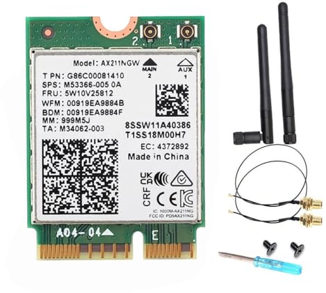 Intel AX211 WiFi 6E Card, Tri-Band, Up to 2.4 Gbps, M.2 CNVio2, Bluetooth 5.3, Windows 10/11 Linux Compatible