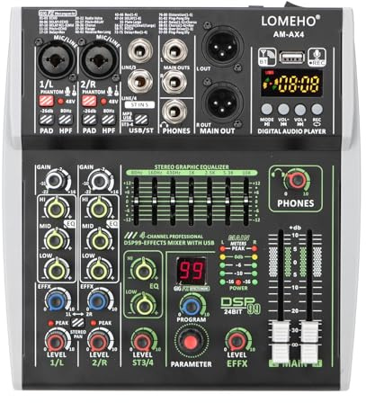 Mixer audio per DJ 4 canali Mini Mixer 7 bande EQ 99 effetti DSP Console di missaggio 48V Bluetooth USB PC Play Record AM-AX4