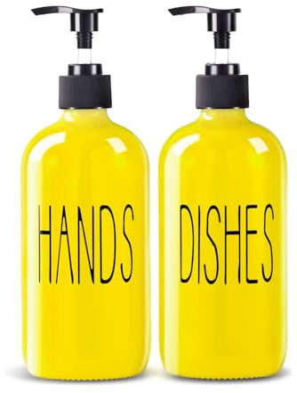 COHOSEGE Glass Soap Dispenser Set 2 Pack,16 Oz Dish Soap Dispenser for Kitchen Sink,Lemon Kitchen Decor and Accessories,Yellow Decorations and Kitchen Utensils for Kitchen