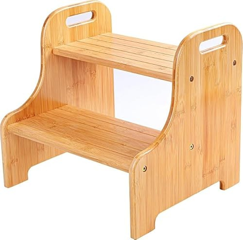 OHMG Hocker mit 2 Stufen aus Holz für Kinder, mit Fußstütze und rutschfester Oberfläche, tragbare Griffe, für Badezimmer, Küche, Haus