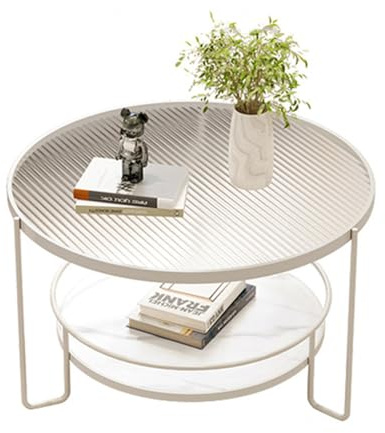 AFKSMILE Couchtisch Rund, Sofatisch Rund mit Stauraum und Metallrahmen, Modern Transluzentes Desktop Beistelltisch für Wohnzimmer, Schlafzimmer und Offic (Weiß)