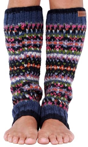 Pachamama 100 % ull benvärmare handstickad traditionell Fairisle-färgglad normal passform handgjord extra varm Fair Trade, denim, en storlek