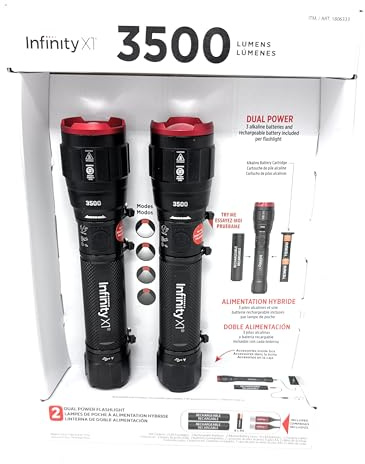 Infinity X1 3500 Lumen Dual Power Taschenlampe 2er Pack - Hochleistungs-LED, wiederaufladbar oder alkalisch betrieben, 4 Lichtmodi, USB-C-Ladung, inklusive Batterien und Kabel