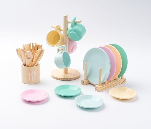 GAGAKU Set di stoviglie da cucina per bambini, 27 pezzi, servizio da tè per bambini, in legno, con supporto, giocattolo Montessori per bambini 3-5 anni, giocattolo educativo per giochi di ruolo