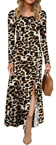 AUSELILY Robe Longue Cintrée pour Femmes, Robe d'automne-Hiver Fendue, Manches Longues, Col Rond