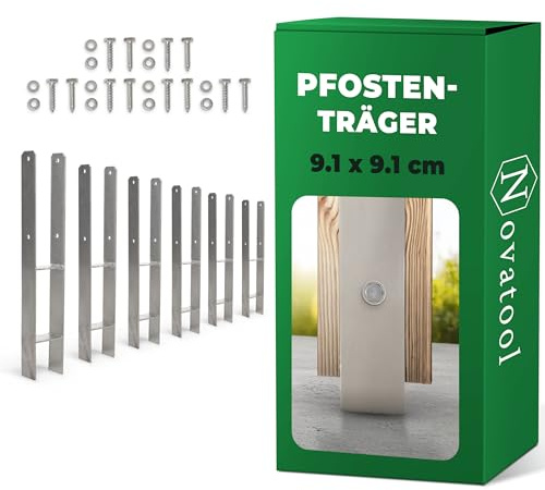 Novatool 6x Einschlagbodenhülsen-Set H-Form 91x91x600 mm, Bodenhülse Sonnenschirm Pfostenträger Zaunpfosten Holzpfosten Bodenhülsen Einschlaghülse Erdspieß zum Einschlagen, verzinkt, mit Schrauben
