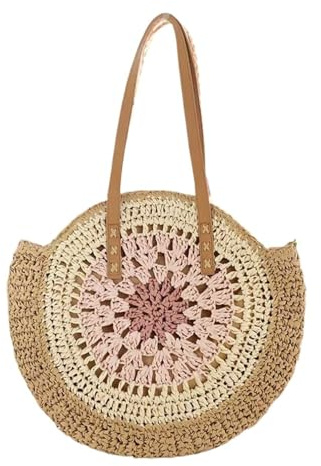 GIYXHU Bolso De Paja Bolsos de Paja Redondos for Mujer, Bolso de Mano Informal con Cierre de Cremallera, Bolso de Playa Tejido for Viajes y Vacaciones(Pink)