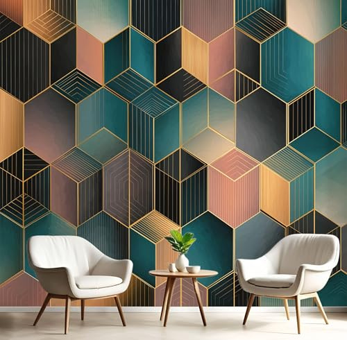 3D Papel Pintado Rayas De Lámina Dorada 3D Para Pared – Mural Decorativo Verde Azulado Para Dormitorio Y Sala Geométrico Moderno – Póster Fotográfico Papel Tapiz Fotomurales De Pared 150X105Cm