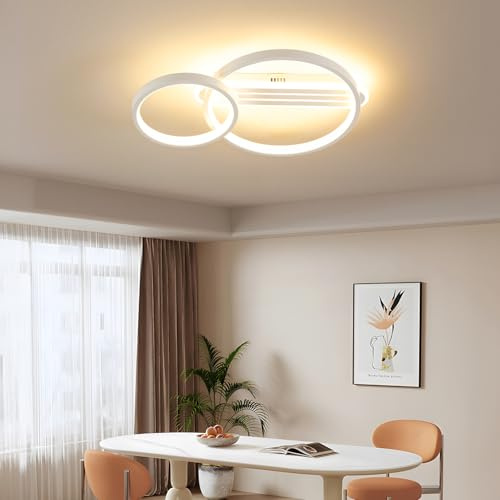 Amdelne LED Deckenleuchte Wohnzimmer 50cm 2-Ringe Design, DIY Schwenkbare, 36W Moderne Deckenlampe Dimmbar mit Fernbedienung Nachtlicht Memory-Funktion, für Schlafzimmer, Esszimmer, Büro - Weiß