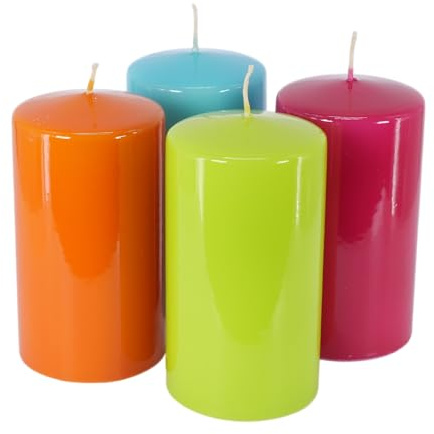 4er-Set - Selbstlöschende Stumpenkerzen - Glanzlack-Optik in Pastell oder Bunt (Türkis, Safran, Fuchsia und Limone, ⌀ 7 cm - H: 13 cm)