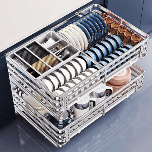 Stainless Steel Pull-Out Kitchen Drawer,Telescopic Slide-Out Cabinet Organizer,Rust-Proof Wire Basket,Damping Buffer Tracks & Drain Pan,Space-Saving Storage for Pots,Pans & Pantry