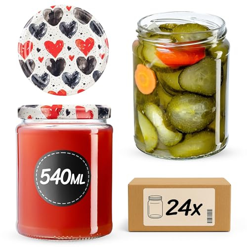 KADAX Konservburkar 540 ml med fi82 mm skruvlock, konserveringsburkar för konservering, inläggning och förvaring, syltburkar, fallburkar, förvaringsburkar, runda glas (hjärtan, 24 stycken)