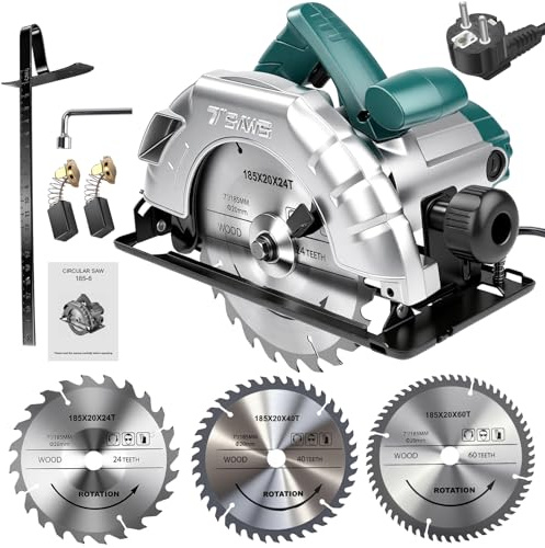 Sierra circular de 1200 W, sierra circular eléctrica con cable 5200 RPM, profundidad de corte 60 mm (90 °), 45 mm (45 °), motor de cobre puro, para corte de madera