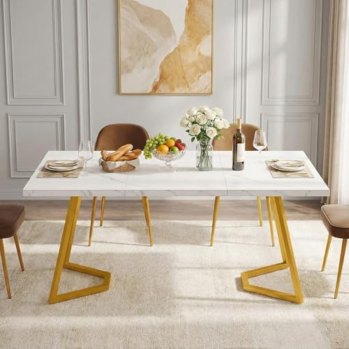Lailang 140cm Table à Manger, Table Rectangulaire, Table de Cuisine 6 Personnes, Table en Bois, Table à Manger Moderne, 140 x 35 x 18 cm, Blanc et Or