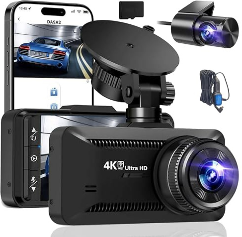 Dashcam 4K Pro Voiture, Carte Incluse, Grand Angle 170° Caméras Avant/Arrière (4K + 1080P avec Chargeur Allume-Cigare, 32G)