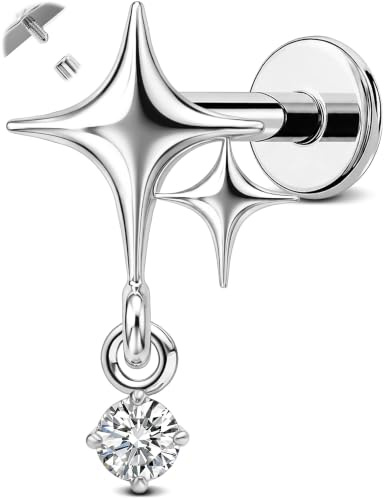 OUFER Body Piercing Cartilage Earring Stud: 16G Titanium Star Dangle Internally Threaded Tragus Piercing with CZ Charm 6mm Labret Nose Ring for Helix Conch Lip