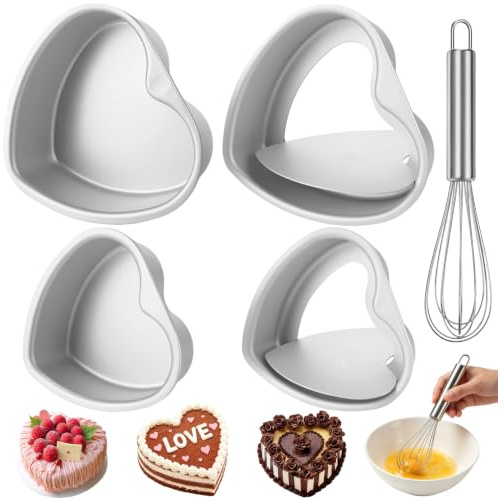 4 Pcs Heart Cake Tin, 4 inch/6 inch, Aluminum, with Egg Whisk, Removable | Cake Tins for Baking, Easy to Demold, Non Stick, Silver, Easy To Clean, for Wedding, for Party, for Birthday