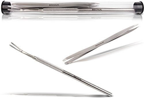 Original Socialic Dual-Tipped Tick Removal Tweezers and Tick Hook with Extra-Long Handle, Stainless Steel Premium Set - Tick Protection for Humans & Animals