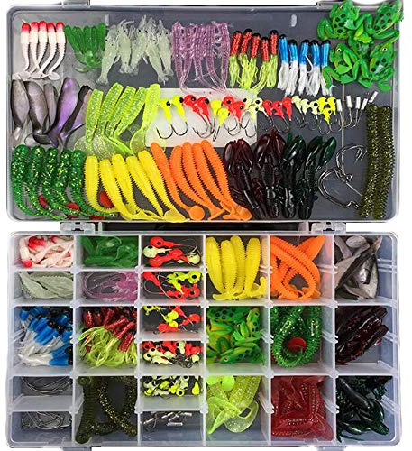 VOANZO - Set di esche da pesca, 301 pezzi, morbide esche per esche da pesca, set di esche da pesca Bionic, trote, salmone, salmoni, manciole e rane, in plastica, esche in metallo