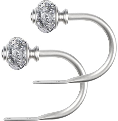 2 Pack Curtain Holdbacks, USFOOK Silver Decorative Window Drapery Tiebacks (2 Pack/1 Pair), Curtain Tie Back Hooks for Wall with Translucent Finials (3.95 L x 3.4 W)