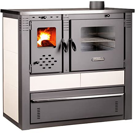 ProTermo Kaminofen Panonia in Beige mit Abzug rechts - 10,54 kW Heizleistung - 90x51x85 cm Holzofen mit Backfach, Thermometer und Herdplatte - ohne selbstschließender Tür - Bauart 2