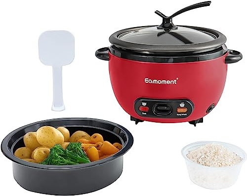 Eamoment ERC-5P07RD 1L | 400W Arrocera & Vapor negro Caliente y Cocinar 1-5 Personas Olla antiadherente extraíble, espátula para taza medidora, botón de pie, rojo
