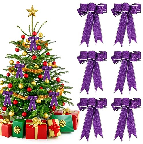 Uposao 6 lazos decorativos de tela con purpurina para Navidad, lazos de Navidad, lazos, adornos, decoración de Navidad para árboles de Navidad, envoltura de regalos, guirnalda de árbol de Navidad,