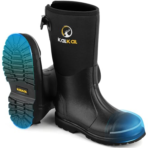 Kalkal Steel Toe Rubber Boots for Men - Waterproof Anti Slip Work Boots 6mm Neoprene Rain Boot Durable Hunting Boots with Steel Shank for Farming Gardening Construction Outdoor Work Size 5-14