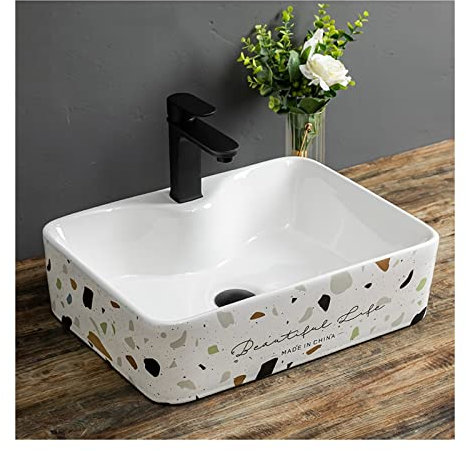 Waschbecken Rechteckiges Waschbecken mit schwarzem Wasserhahn, modernes Badezimmer-Waschbecken aus Terrazzo-Keramik über der Theke, Waschtisch, Kunstwaschbecken aus Porzellan, ohne Überlaufloch Aufsat
