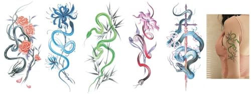 BeyondTattoos Lot de 5 feuilles de tatouages temporaires serpent, dragon, fleurs, serpent, autocollant, couleur serpent 5
