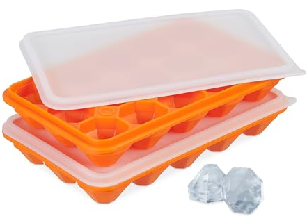 Relaxdays Eiswürfelform mit Deckel, 2er Set, Diamantform, je 15 Mulden, Silikon, Eiswürfelschale, orange/transparent