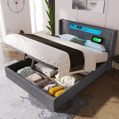Rtopsu Polsterbett Doppelbett 160x200 cm mit LED-Beleuchtung und USB-Type C, Bett mit Stauraum und Kopfteil, Stauraumbett Bettgestell mit Lattenrost aus Holz, Möbel, Leinen, Grau, Ohne Matratze