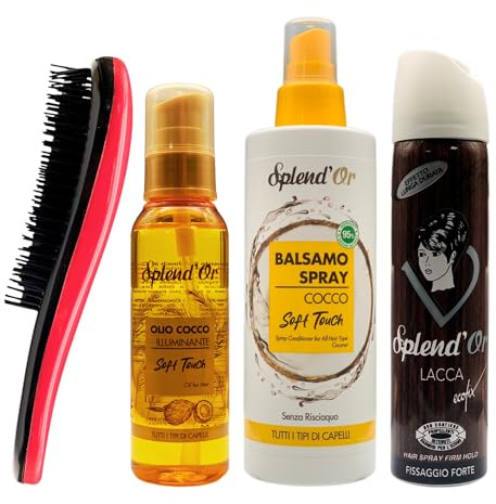 SET PER LA CURA DEI CAPELLI: Olio Cocco ILLUMINANTE, Per Tutti i Tipi Di Capelli 100ml + Balsamo Spray COCCO, Per Tutti i Tipi Di Capelli 200ml + Lacca Fissaggio FORTE 75ml + Spazzola Per Capelli