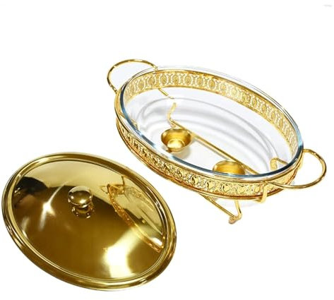 Generisch Speisenwärmer-Set, Chafing-Dish-Buffet-Set – Speisenwärmer aus Glas für Hochzeiten, Partys, Bankette – Inklusive Pfannen, Brennstoffbehälter, Deckel und Ständer – Gold-2L