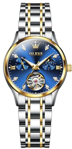OLEVS Damen Automatikuhr Luxus mit Diamanten Mondphase Selbstaufzug Edelstahl Armbanduhr mit 30m Wasserdicht, Leuchtzeigern blauem Zifferblatt Elegante Damenuhren für Abendmode Business Geschenkset