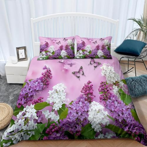 Funda Nórdica Cama 105 Lila y Mariposa Microfibra Suave Ropa de Cama 3 Piezas Fundas Nordicas 3D Plantas Funda Edredon 200x200 cm y 2 Fundas de Almohada b.1313